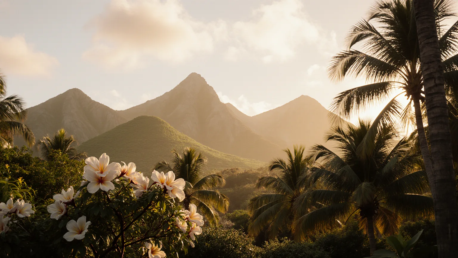 Jardin tropical de La Réunion au matin doré